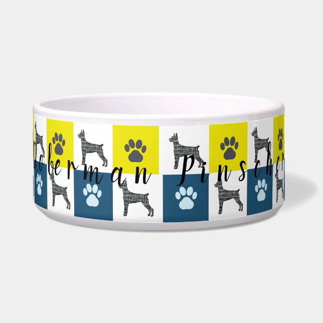 Écuelle Doberman Pinscher Chien & Paw Yellow Grid Poet Bow (Devant)