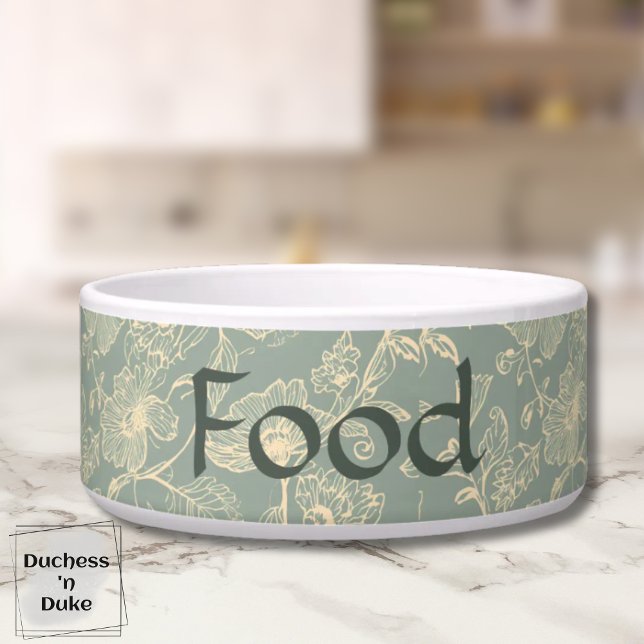 Écuelle Dog Food Bowl - Sage Green Botanical, Name  (Personalized Sage Green Botanical Food Pet Bowl on marble counter top)