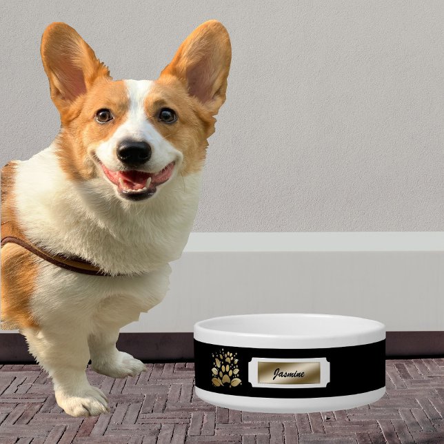 Écuelle Élégant Noir & Or Monogramme Nom Chien Bowl (Créateur téléchargé)