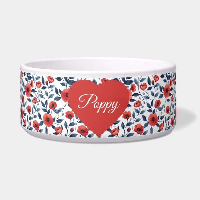 Écuelle Elégante Fleur de Pavot Rouge Personnalisé Pet Bow (Devant)