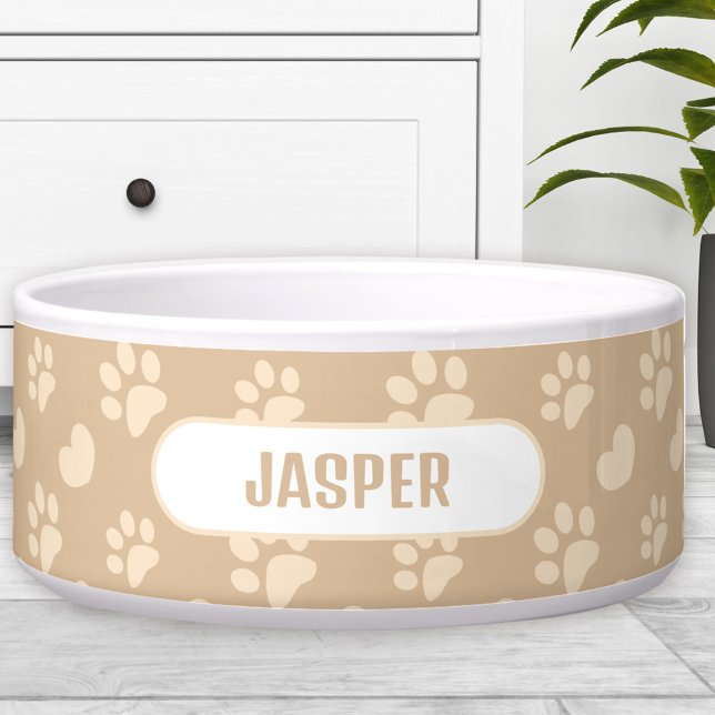 Écuelle Empreintes de pattes Coeur Motif Beige Nom animal  (Paw Prints Heart Pattern Beige Name Pet Dog Bowl)