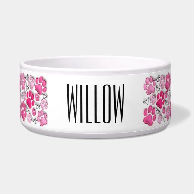 Écuelle Empreintes de pattes et coeurs 3D rose Nourriture  (Devant)