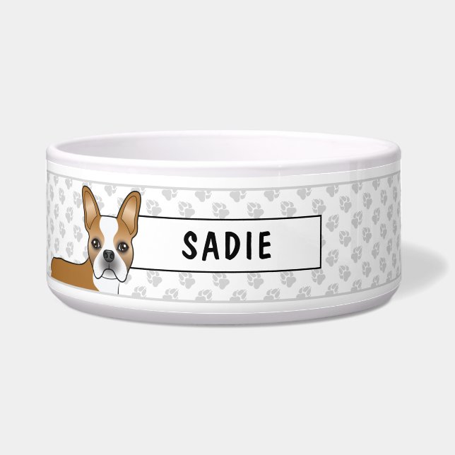 Écuelle Faune Et Blanc Boston Terrier Cartoon Chien & Nom (Devant)