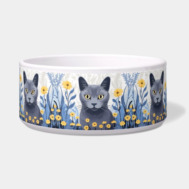 Écuelle Fleurs Jaunes Chat Bleu Russe (Devant)