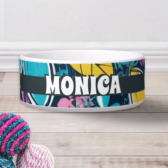 Écuelle Fleurs Rétro Hippies Groovy Brillantes Chat Cool (A cute personalized food/water bowl with 'Cool Cat' words on the sides, with groovy colorful pattern)