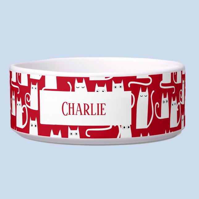 Écuelle Fun Chat Rouge et Blanc Personnalisé (Red and white personalized name cat pattern pet bowl)