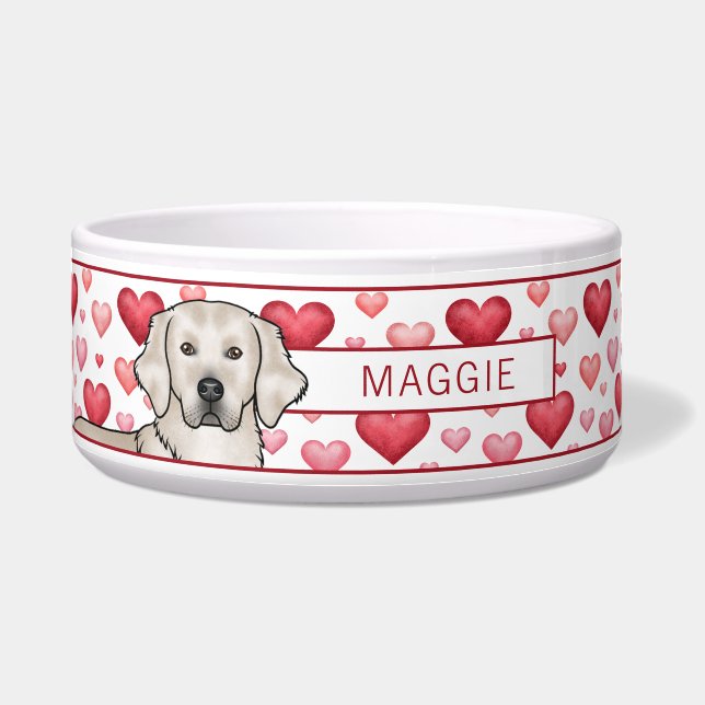 Écuelle Golden Retriever Crème avec des Cœurs Nom de Chien (Devant)