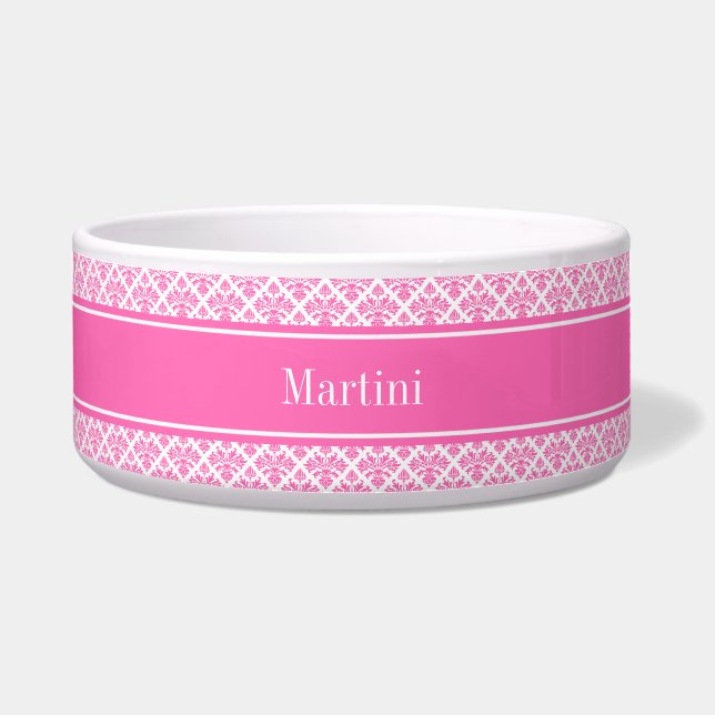 Écuelle Hot Pink 2 Wht Damask #3 Hot Pink Nom Monogram (Devant)
