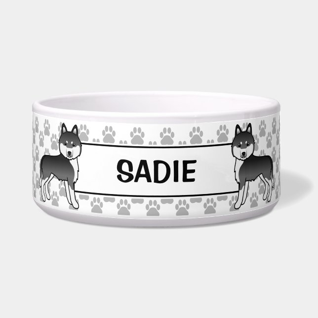 Écuelle Husky Sibérien Noir Et Blanc Avec Le Nom De L'Anim (Devant)