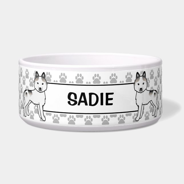 Écuelle Husky sibérien piebalde gris avec le nom de l'anim (Devant)