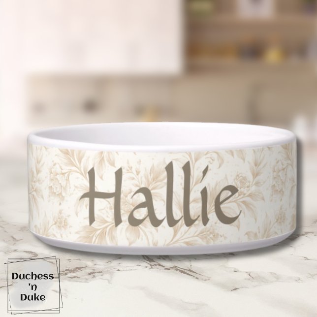 Écuelle Ivory Garden Floral Pattern Design Dog  (Personalized Dog Bowl with ivory botanical design displayed on marble counter top)