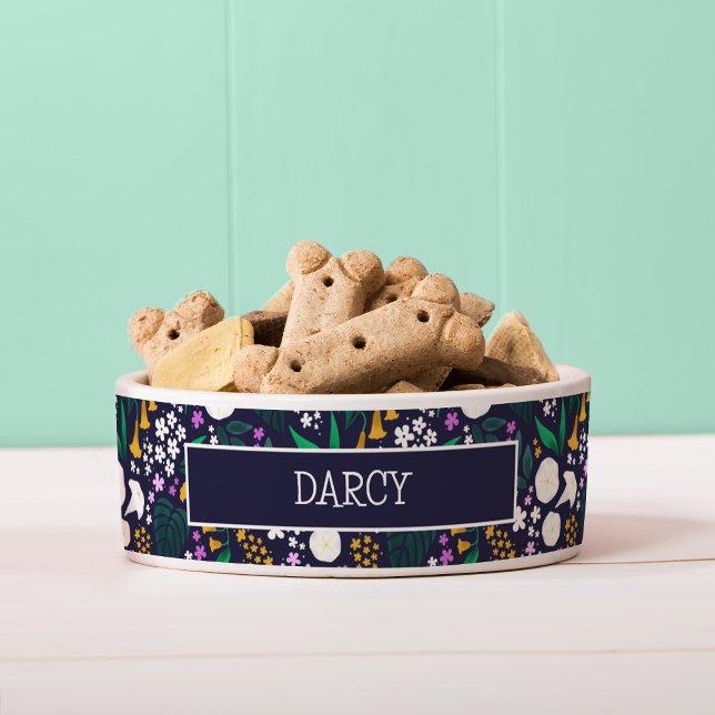 Écuelle Jardin de la Lune de nuit Floral Motif botanique (Moon Garden Dog Bowl with Nameplate)