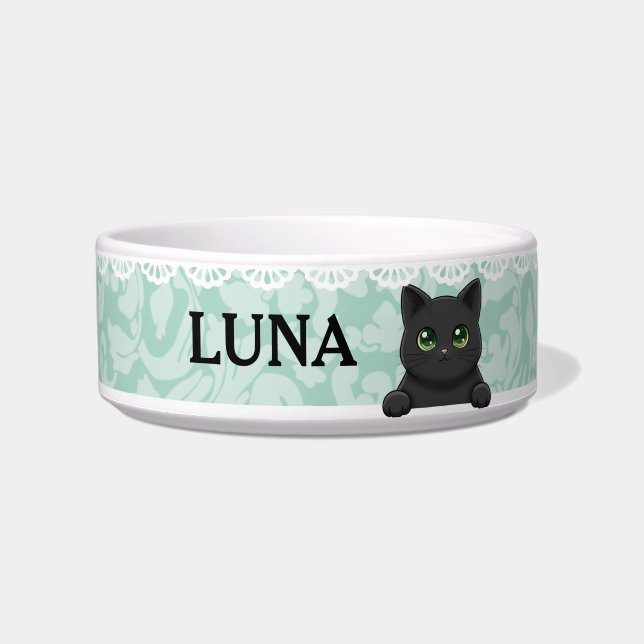 Écuelle Joli Chat Noir Menthe Nom Personnalisé (Devant)