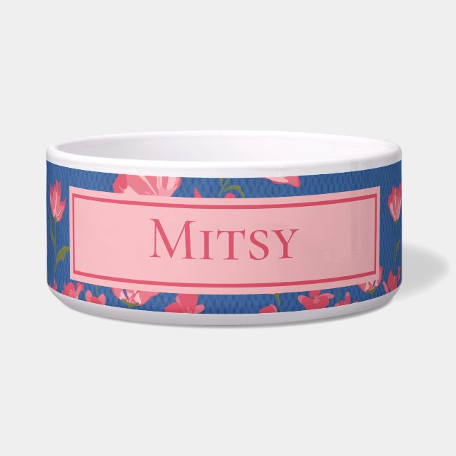 Écuelle Jolie Fleurs roses sur Bleu Pet Bowl (Devant)