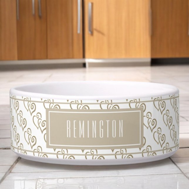 Écuelle Khaki Linked Motif Coeur Sur Purple Custom (custom pet bowl front with khaki linked heart pattern)