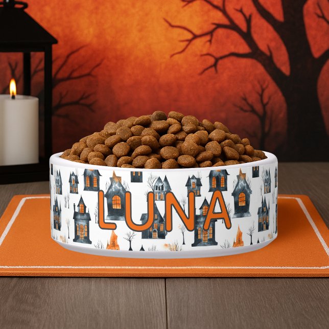 Écuelle Maisons hantées miniatures Halloween Nom personnal (Halloween Miniature Haunted Houses Custom Name Dog Bowl
)