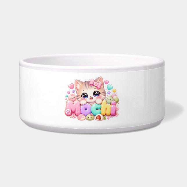 Écuelle Mignon Mochi Chat Nom Pastel Rose Étincelant K (Devant)