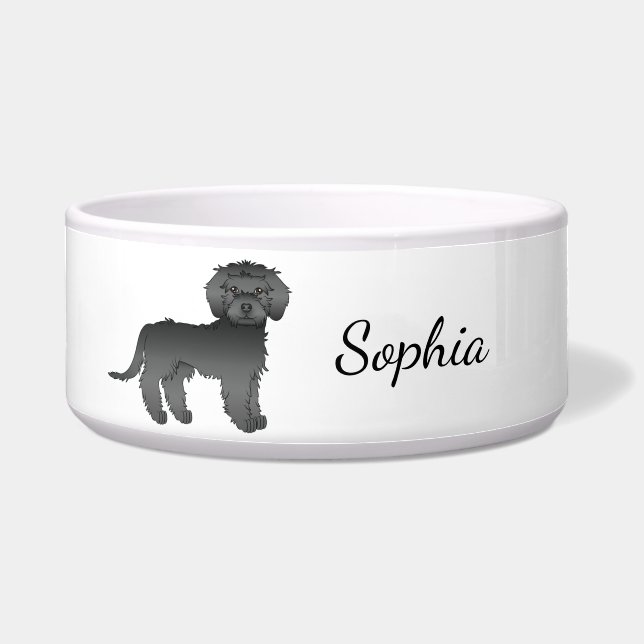Écuelle Mini Goldendoodle noir de dessin animé & nom (Devant)