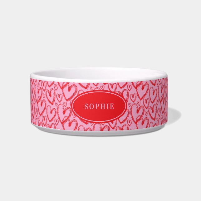 Écuelle Modern Brush Heart Pink Red Personalized Pet (Devant)