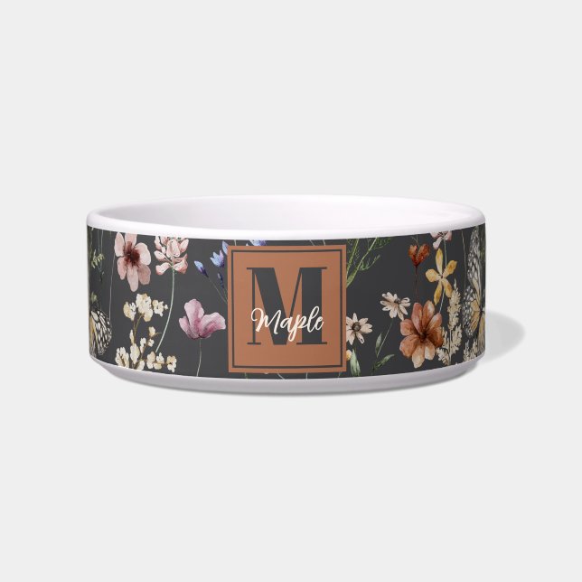 Écuelle Moderne Boho Floral Monogrammé Animal de Compagnie (Devant)
