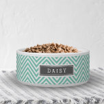 Écuelle Monogramme Aqua et Grey Chevron<br><div class="desc">Cuisine pour chien ou bol d'eau sur mesure avec un motif d'impression chevron chic et moderne. Personnalisez-le avec le nom de votre animal dans un cadre rectangle. Cliquez sur Customiser pour modifier la police de texte et les couleurs pour créer un design unique et unique !</div>