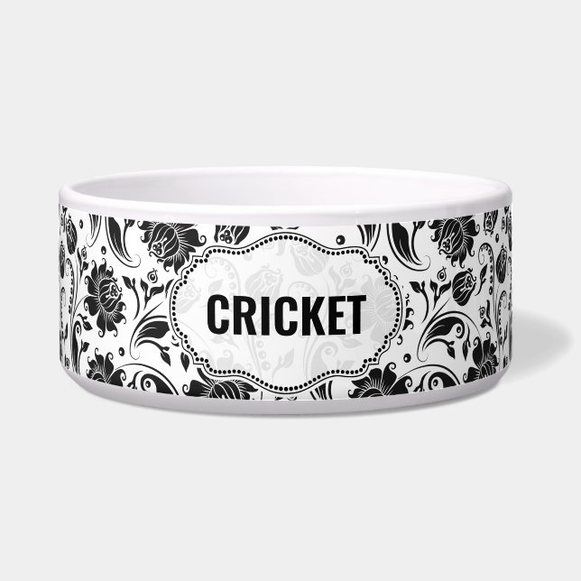 Écuelle Motif Damas noir et blanc Nom personnalisé (Devant)