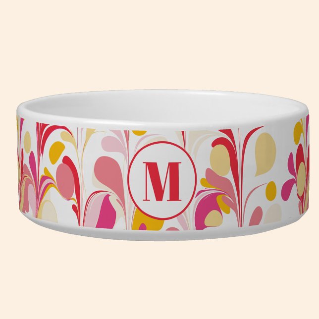 Écuelle Motif de marbre rétro Abstrait Monogramme (Retro abstract marble pattern pink yellow monogram personalized ped food bowl)