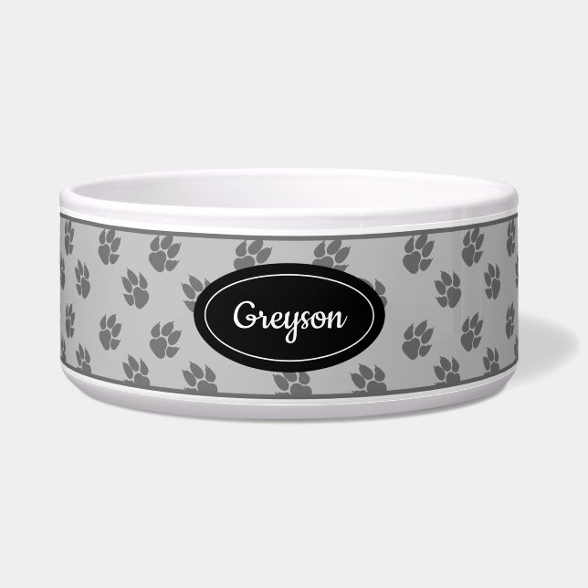 Écuelle Motif Empreintes de Pattes de Chien Gris Avec Nom  (Devant)