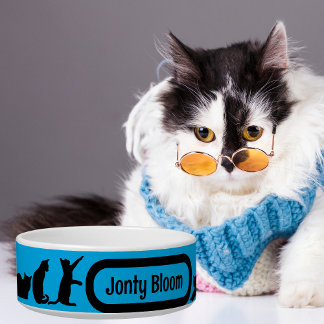 Écuelle Motif en silhouette bleu Chat noir avec nom de cha