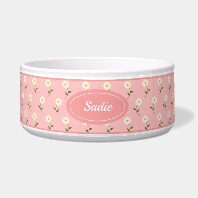 Écuelle Motif Fleur Blanche Sur Rose & Nom Personnalisé (Devant)