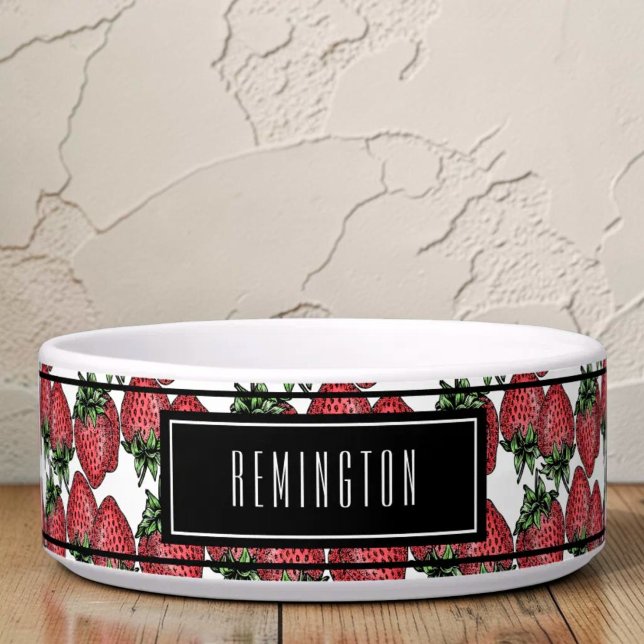 Écuelle Motif Fraise Rouge Mûre Nom Personnalisé pour Anim (Strawberry background custom pet bowl)