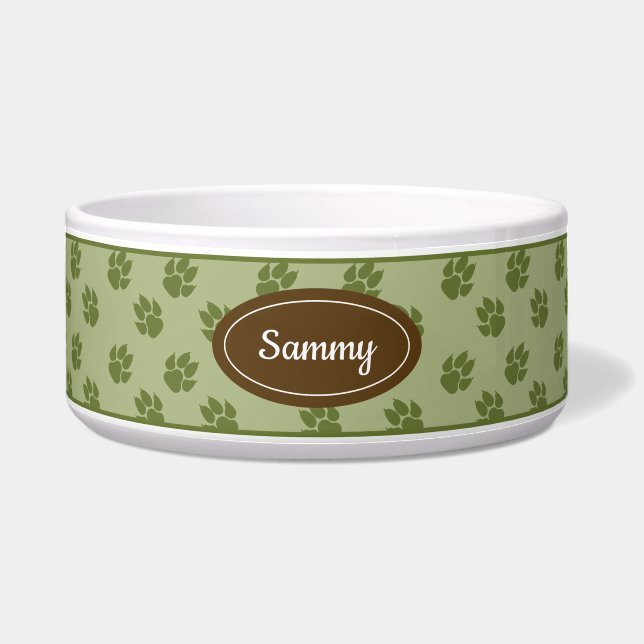 Écuelle Motif Pattes de Chien Vert Badge Marron Nom Rustiq (Devant)