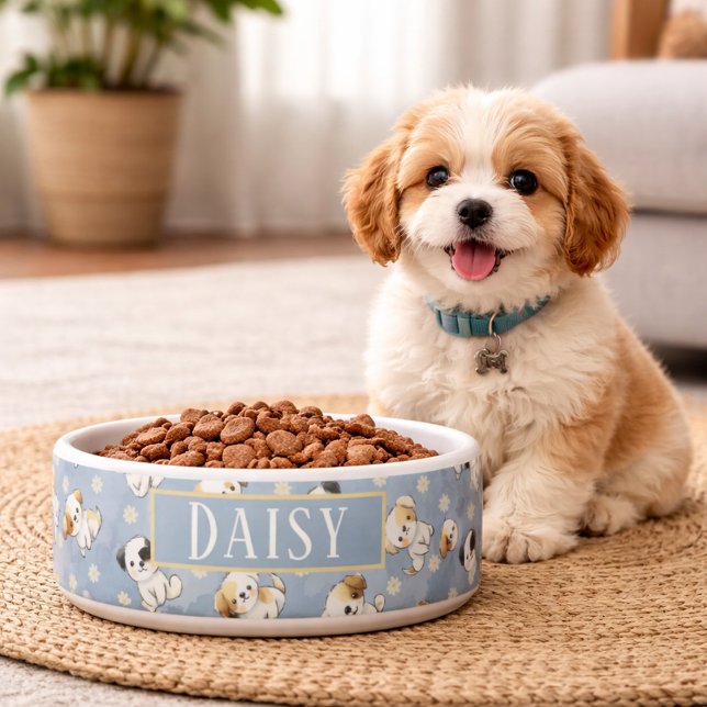 Écuelle Motif personnalisable bleu chiot et floral  (Créateur téléchargé)