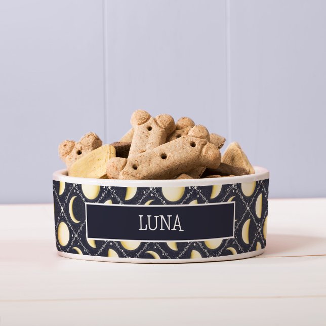 Écuelle Motif Phases de lune céleste (Moon Phases Pattern Dog Bowl with Nameplate)