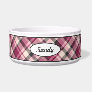 Écuelle Motif Plaid Rose, Crème Et Gris Foncé Avec Nom