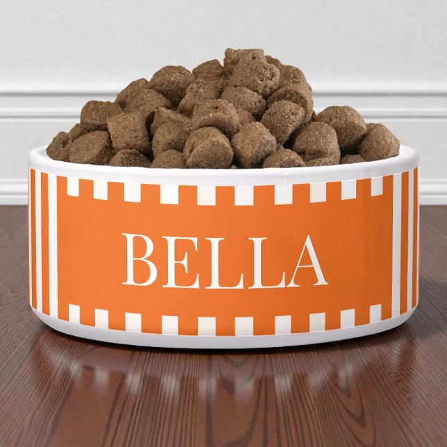 Écuelle Motif rayures orange moderne animal de compagnie c (Modern Orange Stripes Pattern Personalized Dog Pet Bowl)