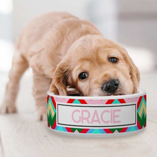 Écuelle Mountain Peaks Design Avec Nom D'Animal (A retro colorful dog bowl for your pup!)