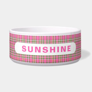 Écuelle Nom de chien à carreaux tartan rose et vert