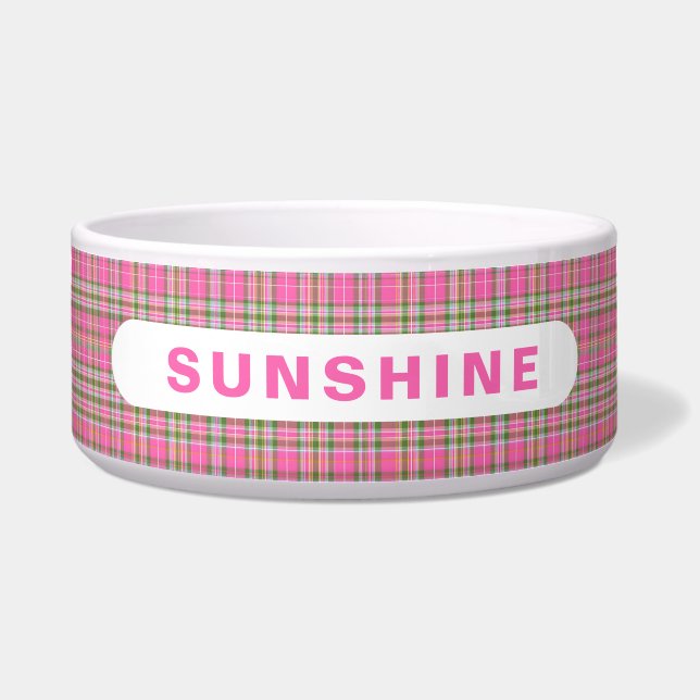 Écuelle Nom de chien à carreaux tartan rose et vert (Devant)