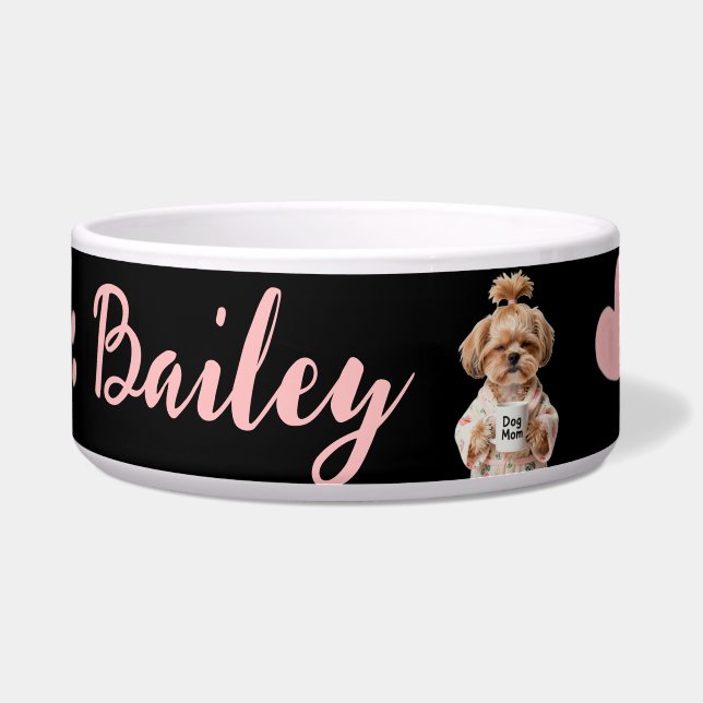 Écuelle Nom de chien mignon Patte Rose Noir Rose  (Devant)