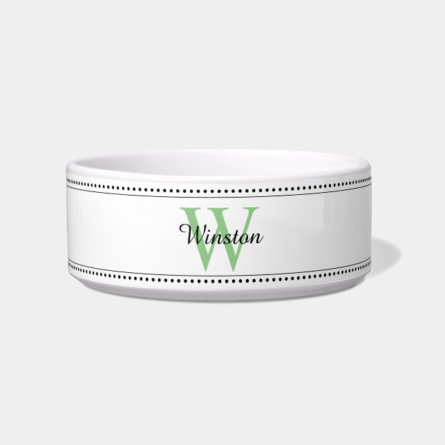 Écuelle Nom de l'animal personnalisé Vert Monogramme blanc (Devant)