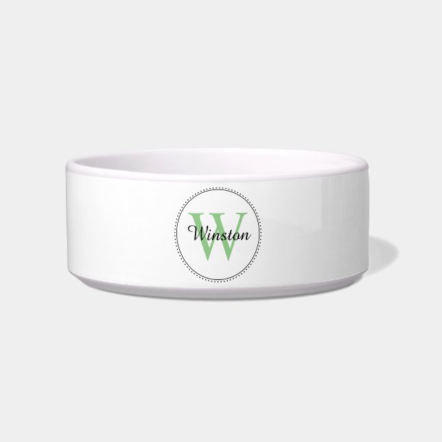 Écuelle Nom de l'animal personnalisé Vert Monogramme blanc (Devant)