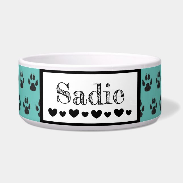 Écuelle Nom du chien mignon Empreinte de patte et Coeurs C (Devant)