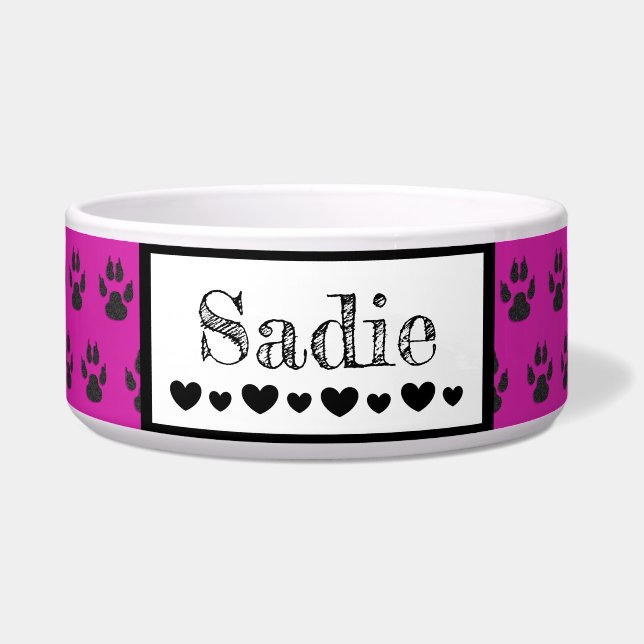 Écuelle Nom du chien mignon Empreinte de patte et Coeurs C (Devant)