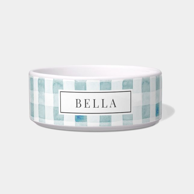Écuelle Nom Gingham Bleu Carreaux pour Animal de Compagnie (Devant)