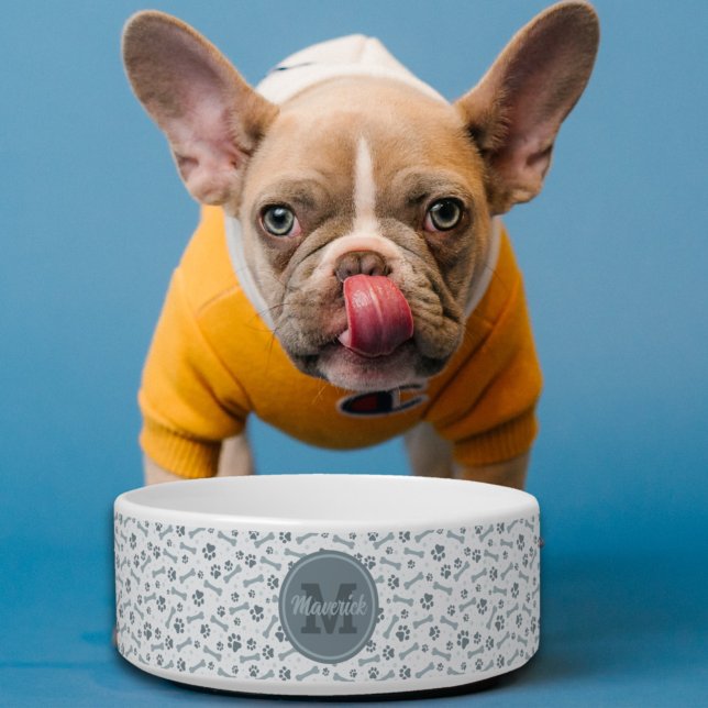 Écuelle Nom personnalisé avec os gris monogramme  (Créateur téléchargé)