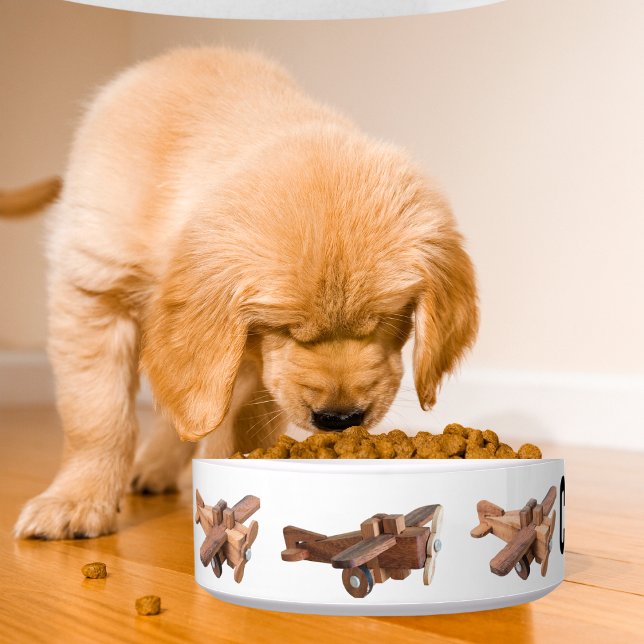 Écuelle Nom personnalisé mignon animal & avion en bois, ch (Créateur téléchargé)