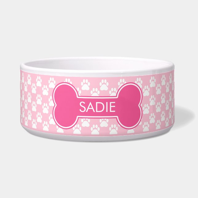 Écuelle Os en forme de chien rose et pattes avec nom (Devant)