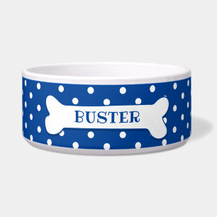 Écuelle Os personnalisé chien à pois blanc bleu