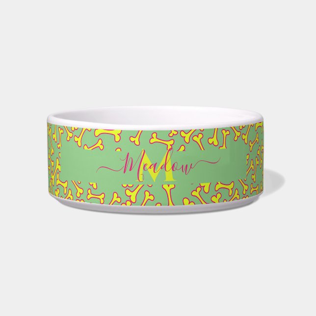 Écuelle Os personnalisé Monogramme Cartoon Bone Chien Vert (Devant)